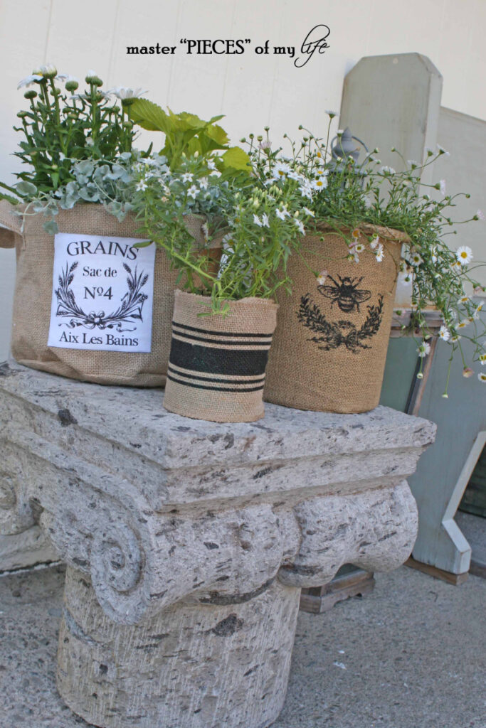 assorted burlap garden containers 