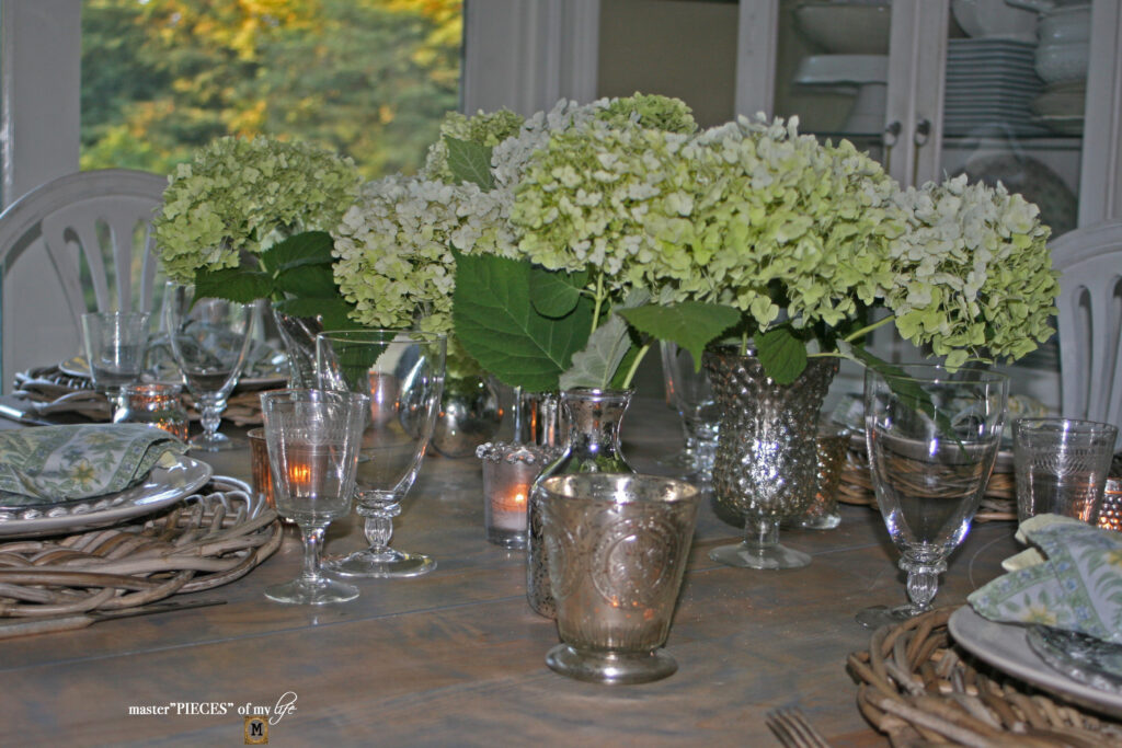 hydrangea and mercury glass tablescape