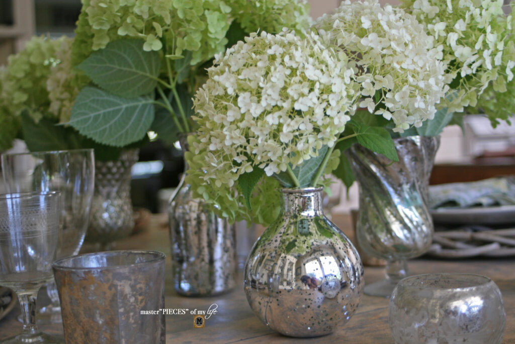 hydrangea and mercury glass table cape