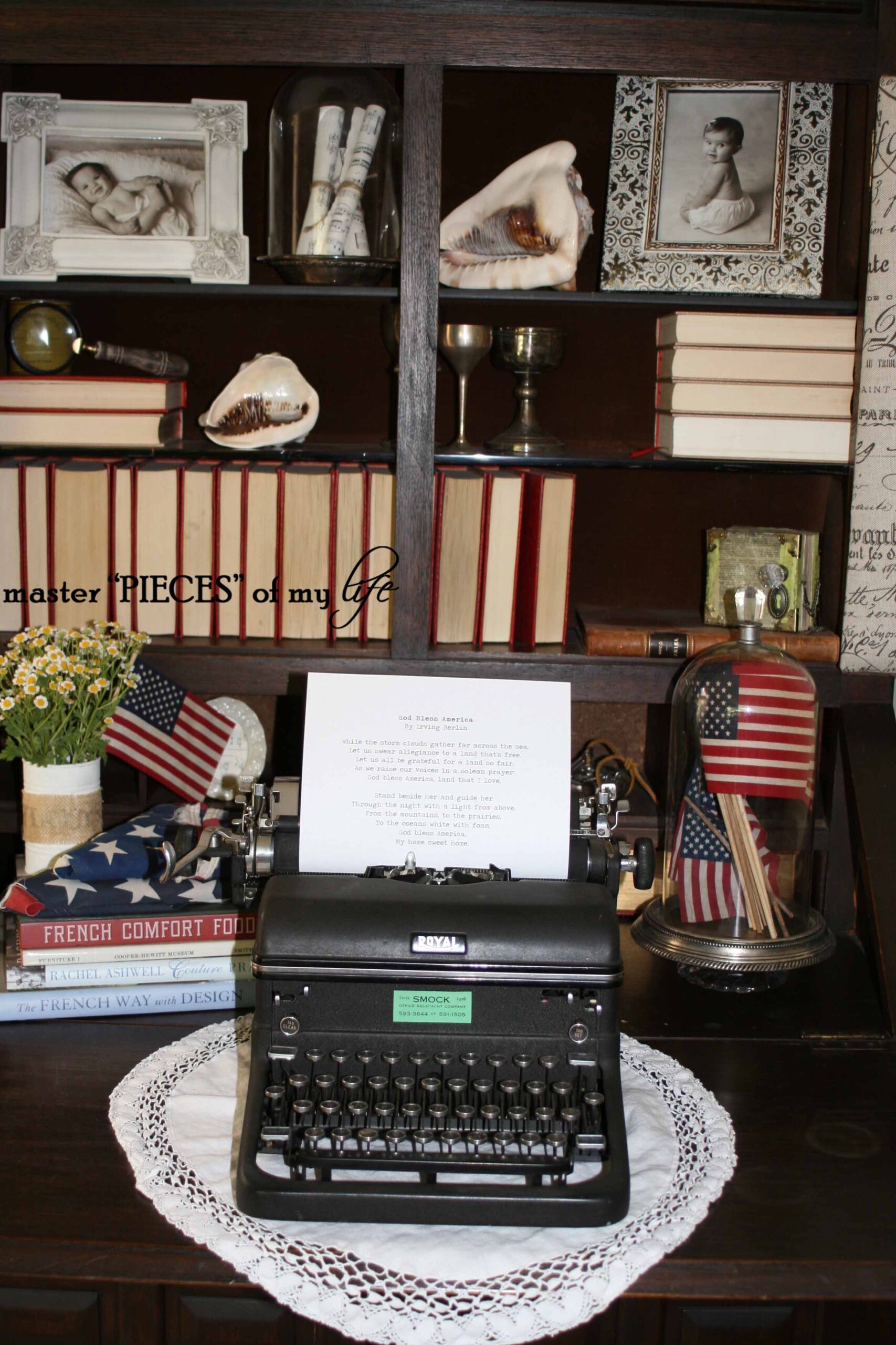 patriotic decor on antique secretary desk