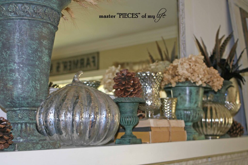 mercury glass and green urns mantel display