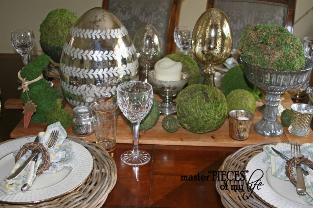 mercury glass & moss Easter tablescape