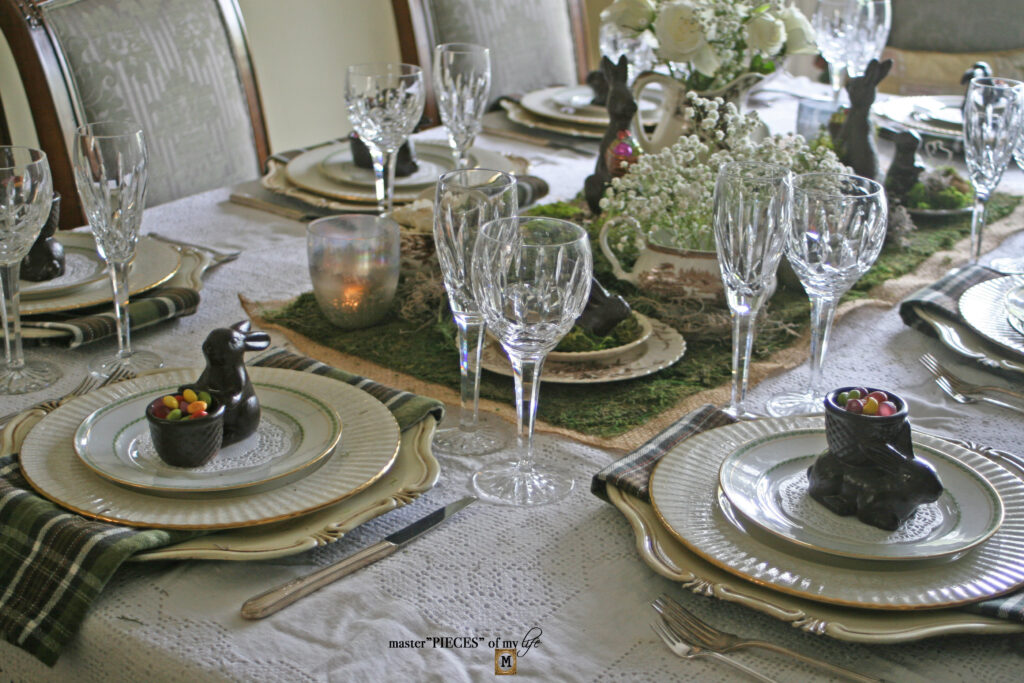 faux chocolate bunny Easter tablescape