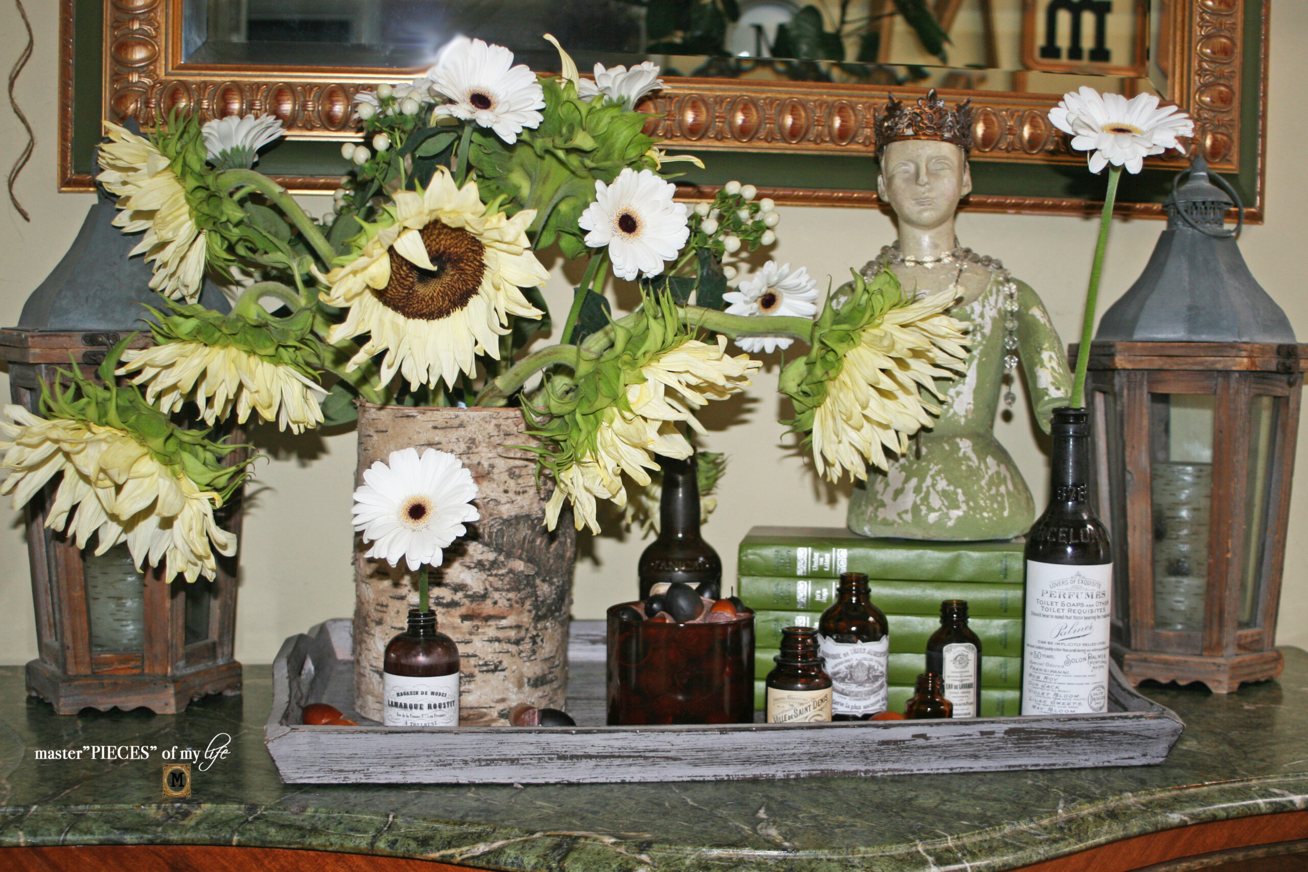 sunflower and brown bottle Fall decor styling
