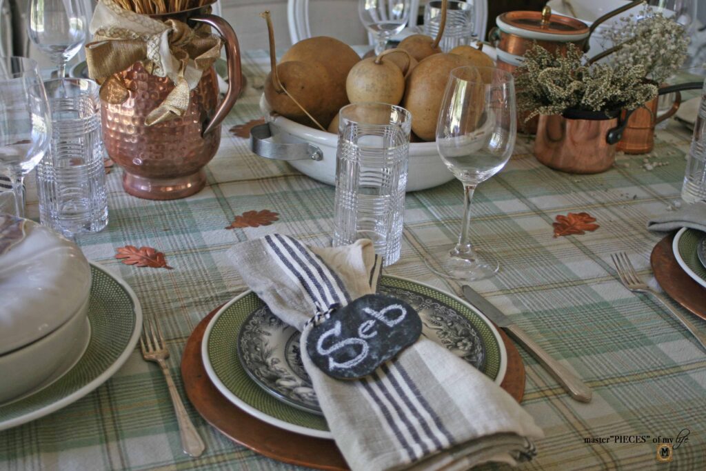 fall table styling with copper leaves