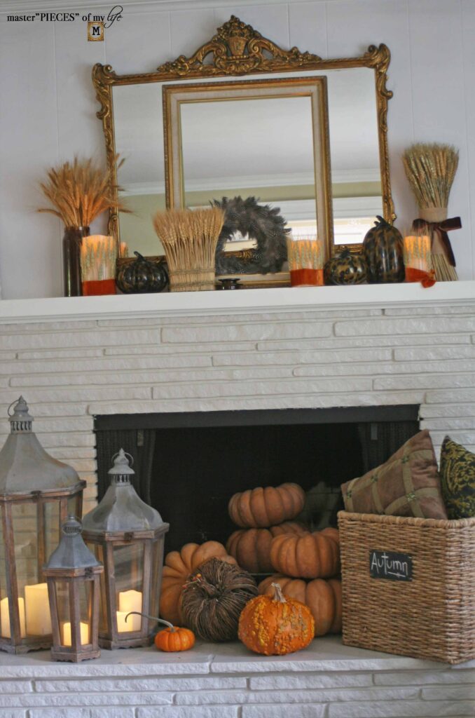 wheat & tortoiseshell pumpkin mantel design