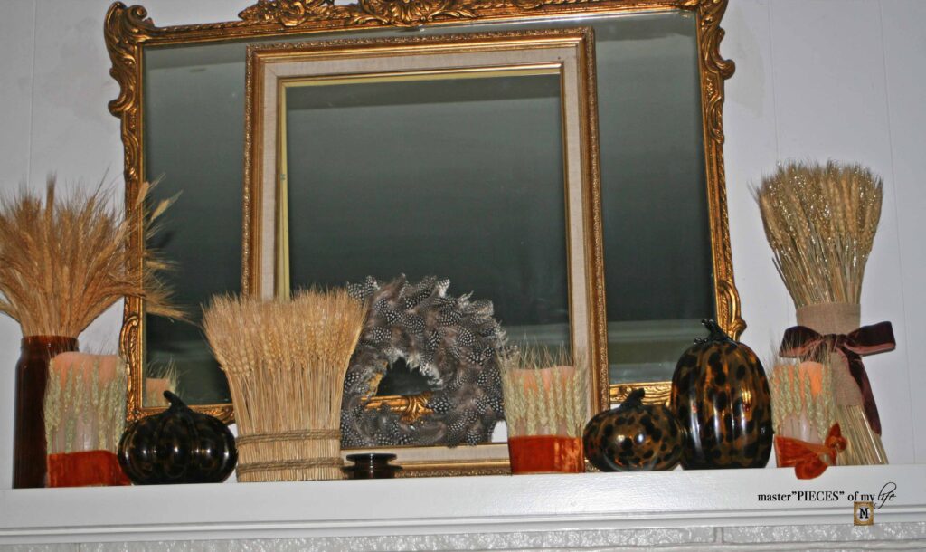 wheat & tortoiseshell pumpkin mantel design