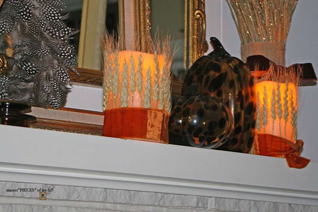 wheat & tortoiseshell pumpkin mantel design