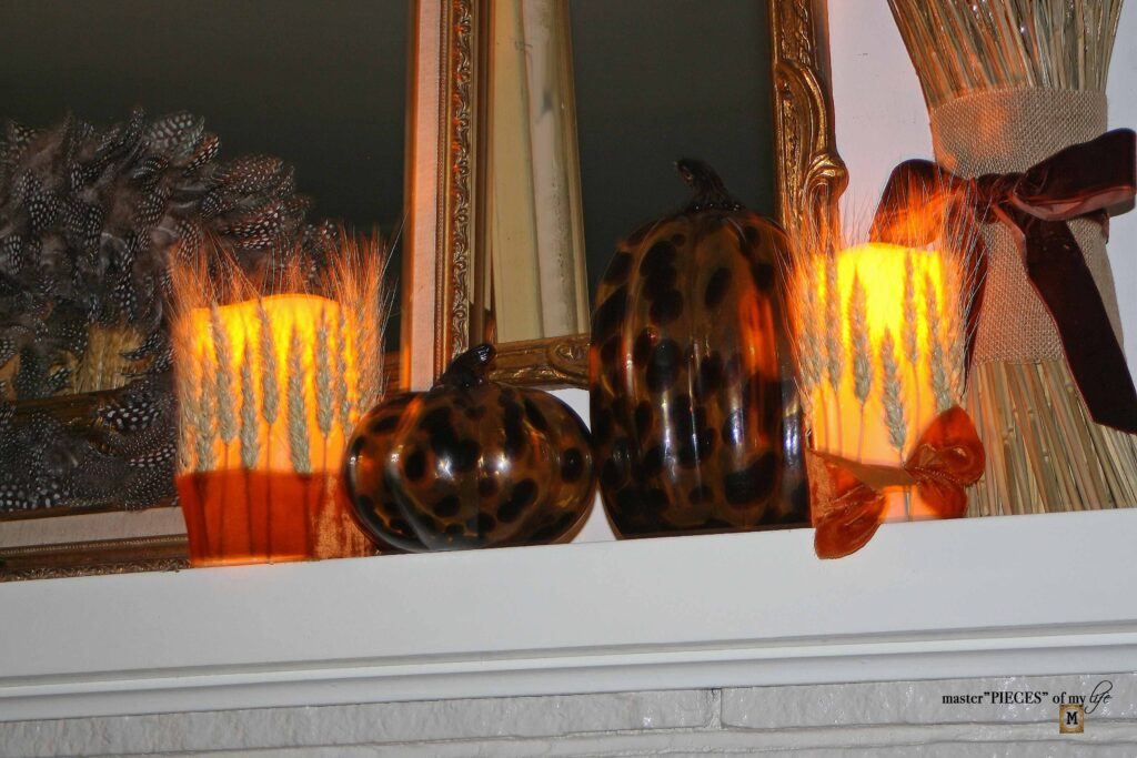wheat & tortoiseshell pumpkin mantel design