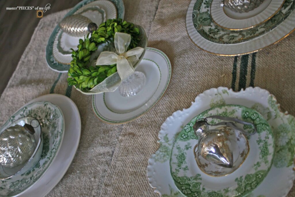 green transferware shelf styling