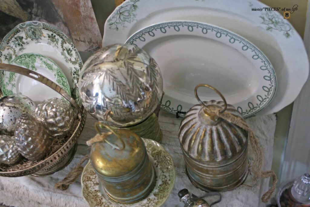 thrifted green transferware for Christmas