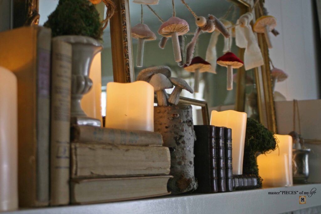 vintage mantel scape with mushrooms