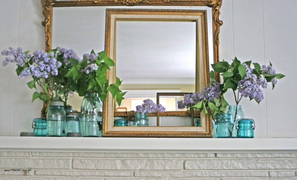 blue ball jars & lilacs mantel decor