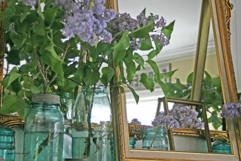blue ball jars & lilacs mantel styling
