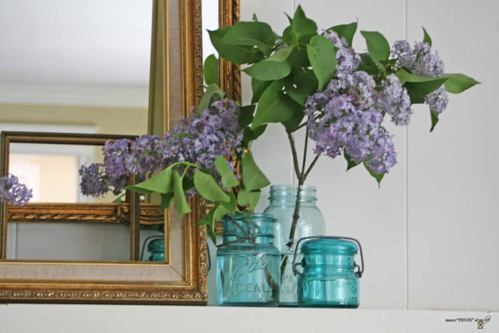 blue ball jars & lilacs mantel styling