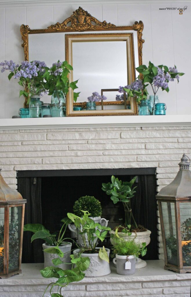 blue ball jars & lilacs mantel styling