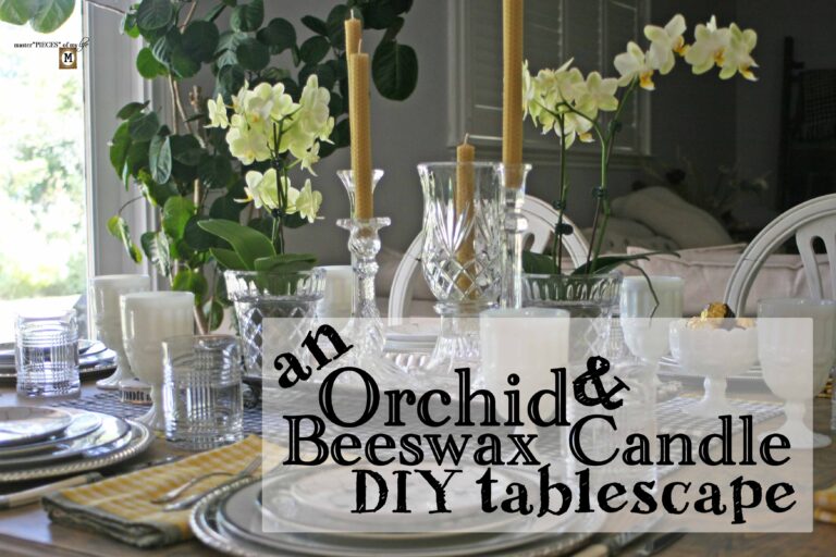 an orchid and beeswax candle DIY table scape