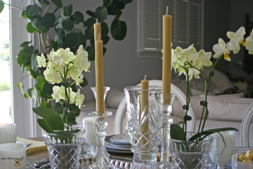 an orchid and beeswax candle DIY tablescape