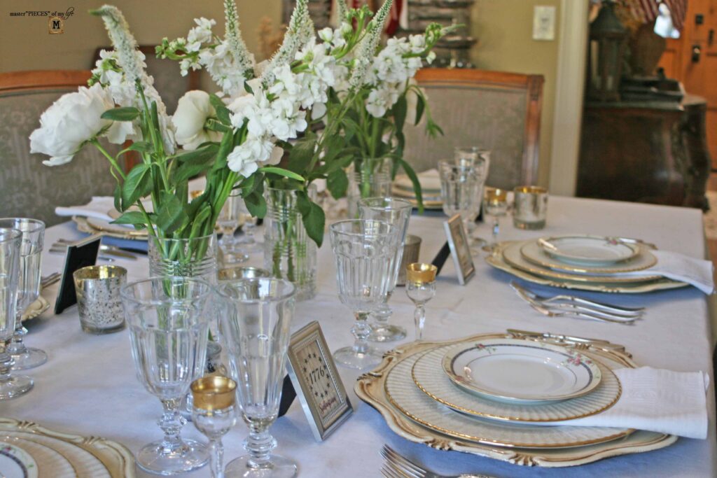 patriotic table scape with vintage dishes