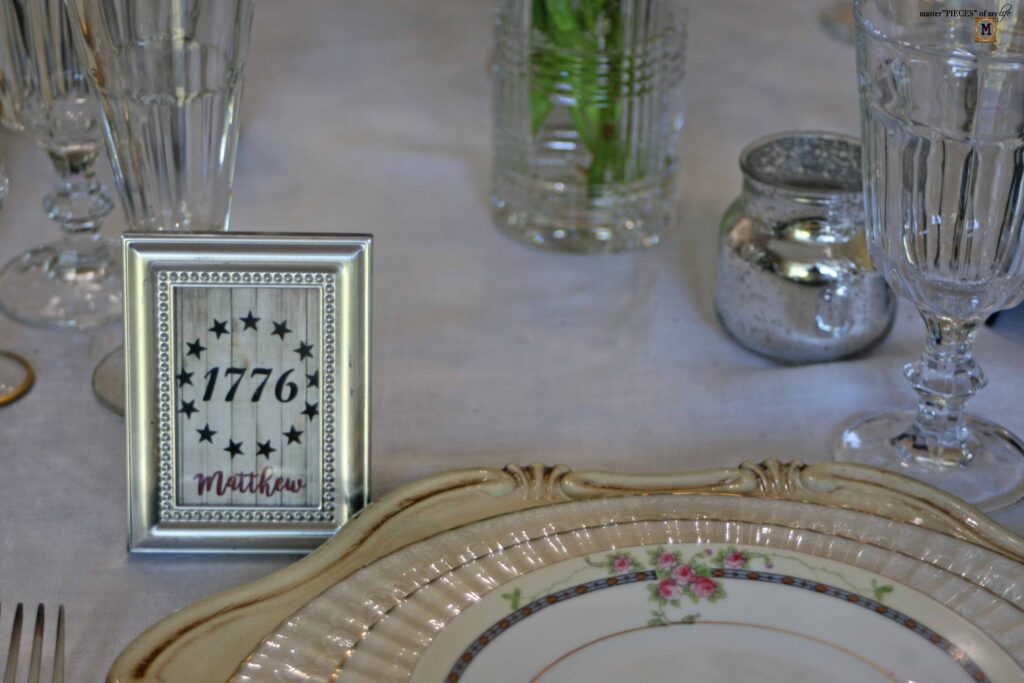 patriotic table scape with vintage dishes
