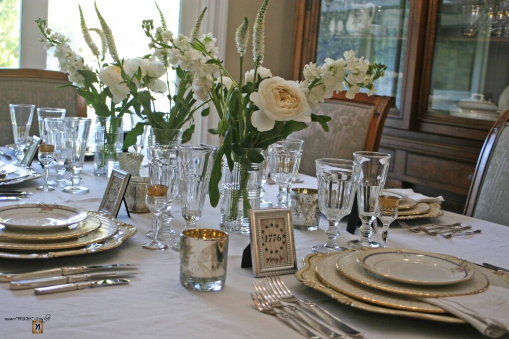 patriotic table scape with vintage dishes