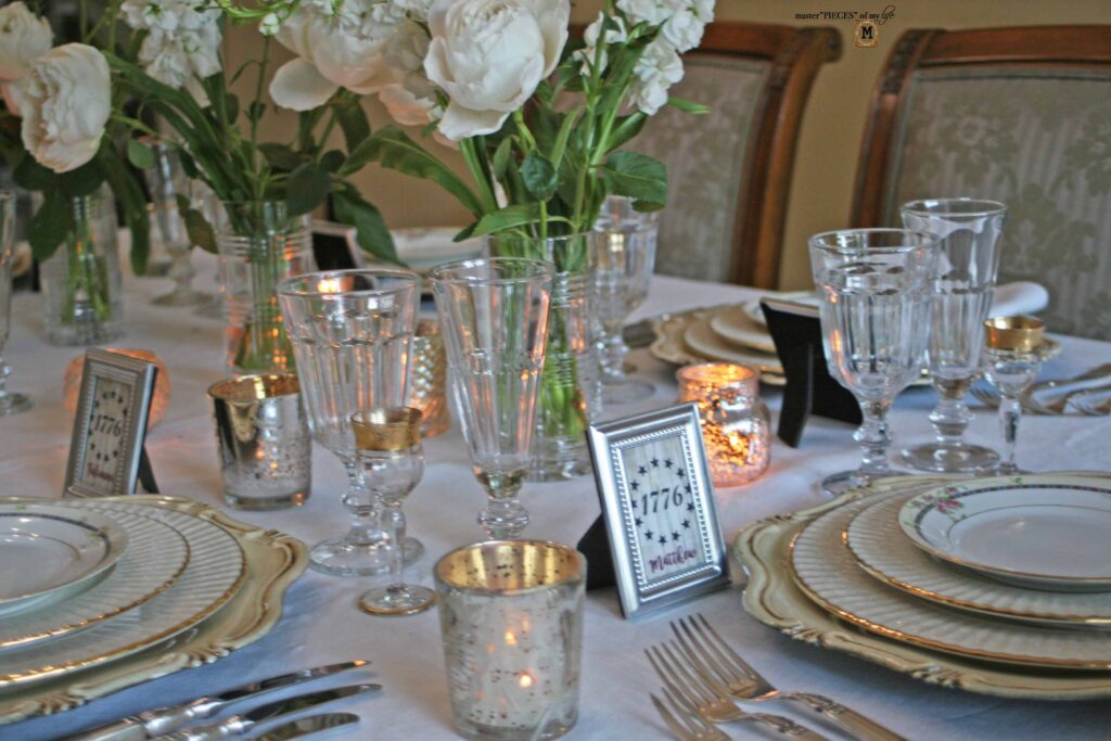 patriotic table scape with vintage dishes