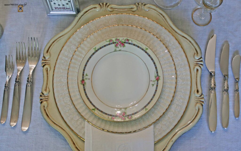 patriotic table scape with vintage dishes
