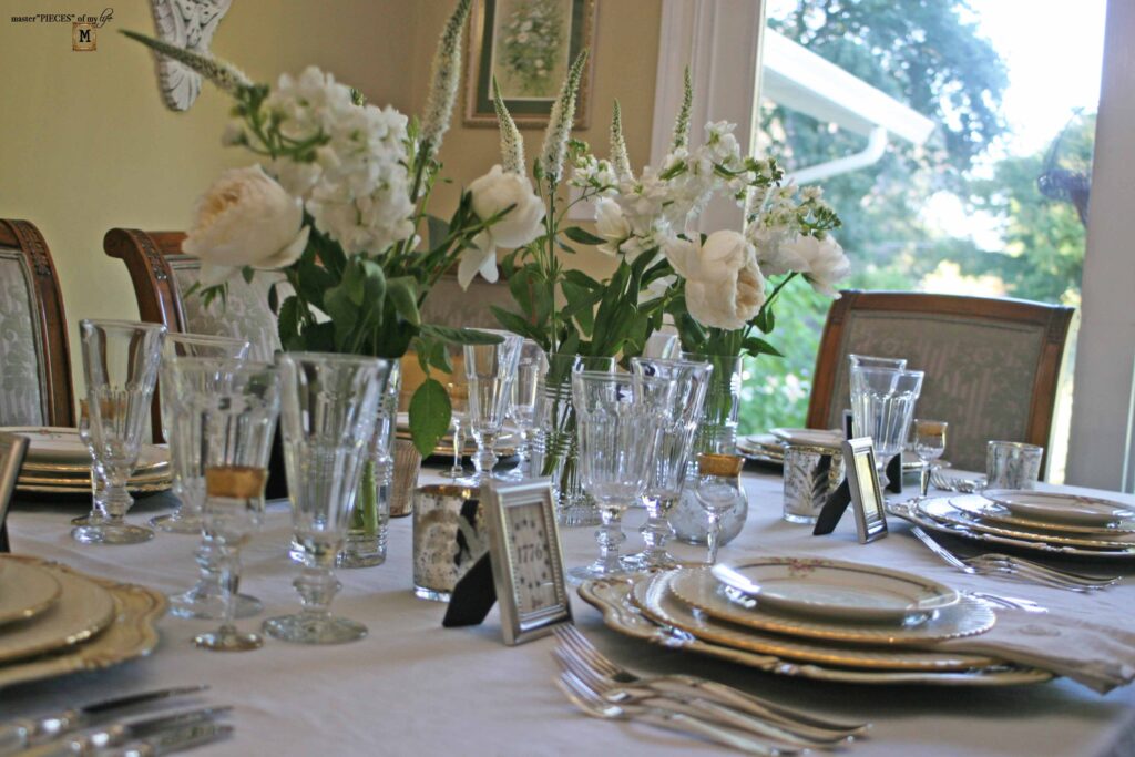 patriotic table scape with vintage dishes