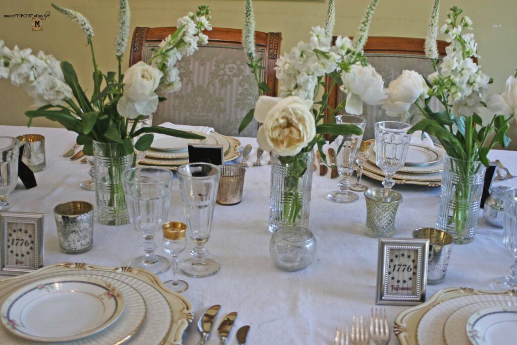 patriotic table scape with vintage dishes