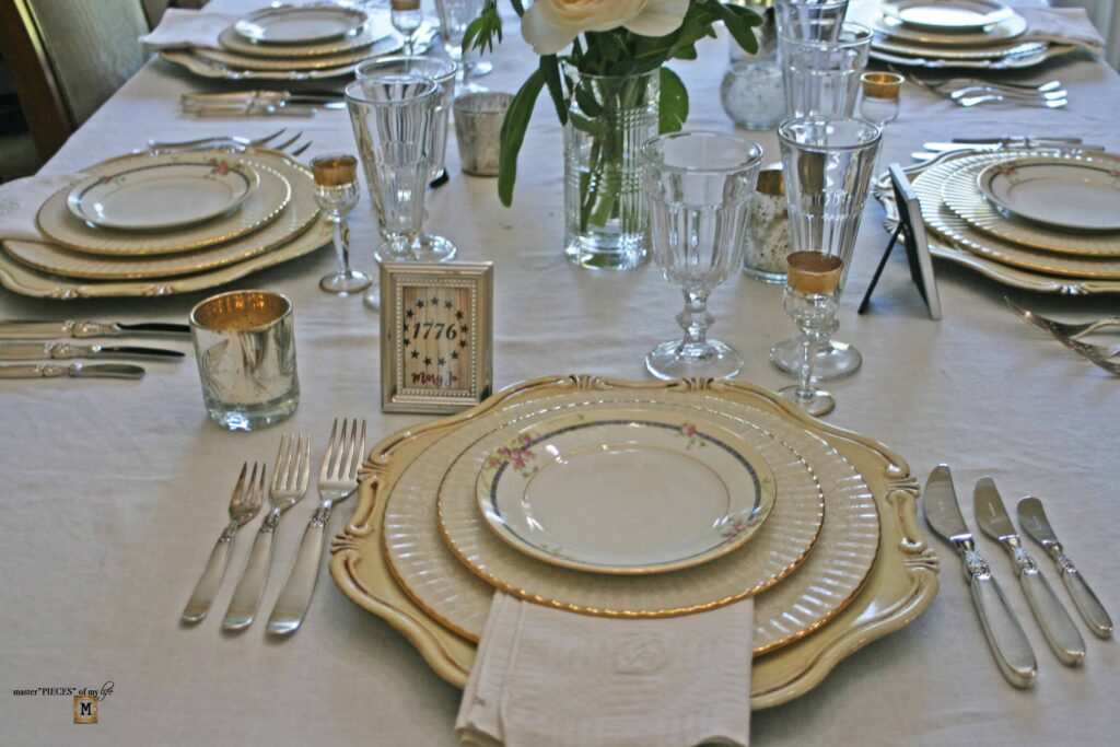 patriotic table scape with vintage dishes