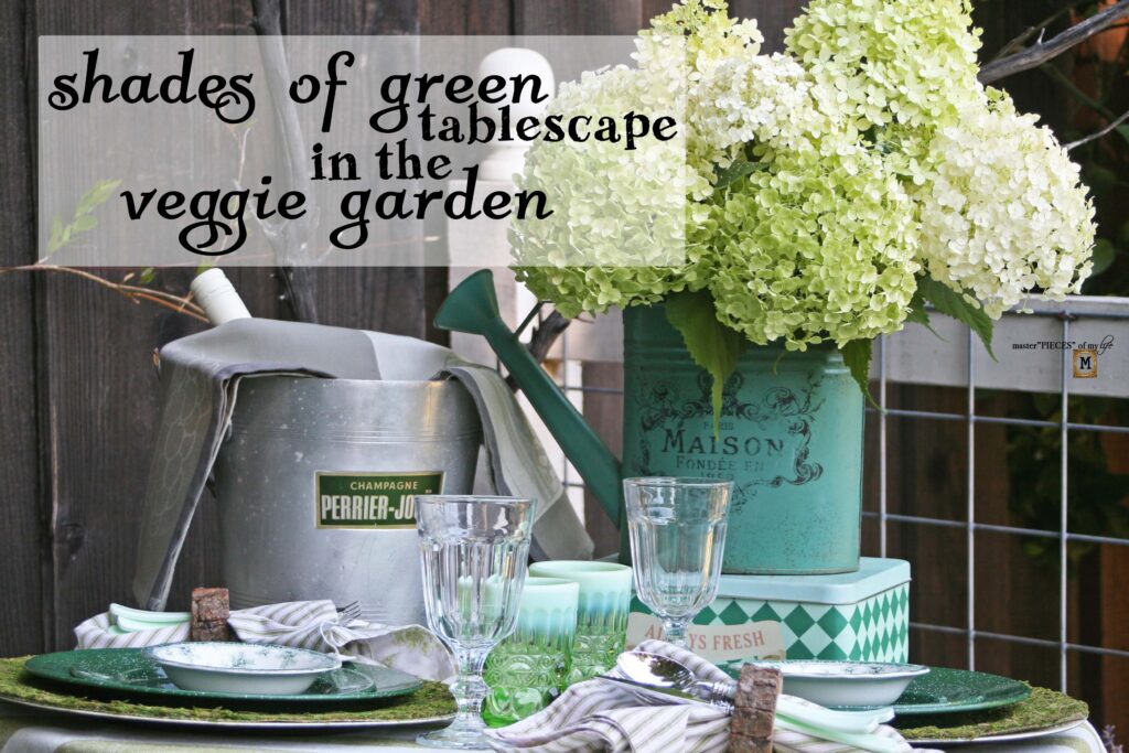 shades of green table in the veggie garden
