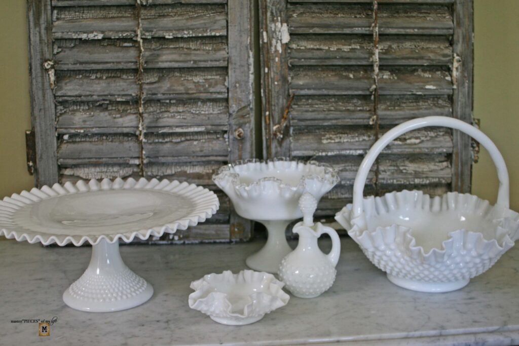 vintage hobnail & ruffle milk glass 