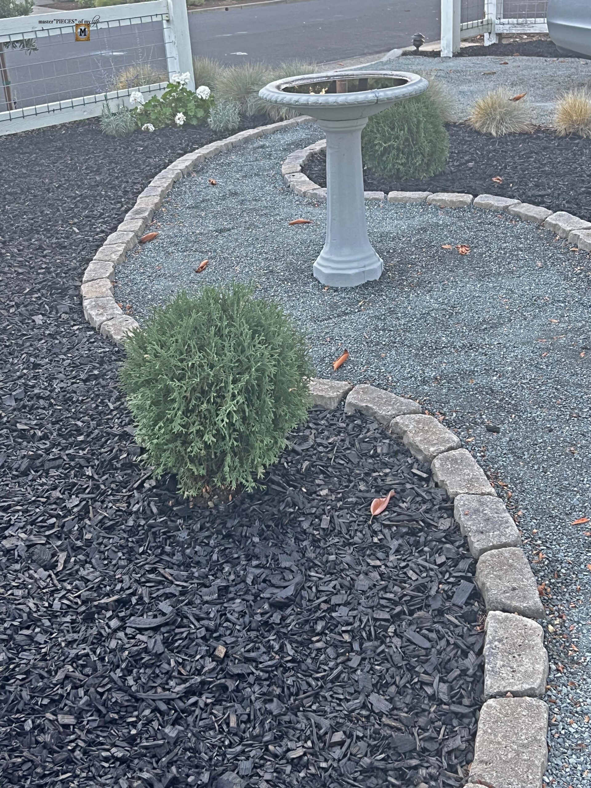 front yard DDG pathway with birdbath statuary