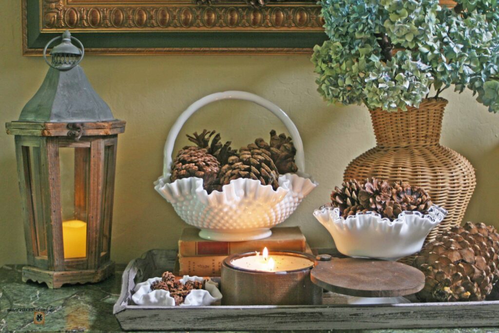 pine cone & milk glass fall decor styling