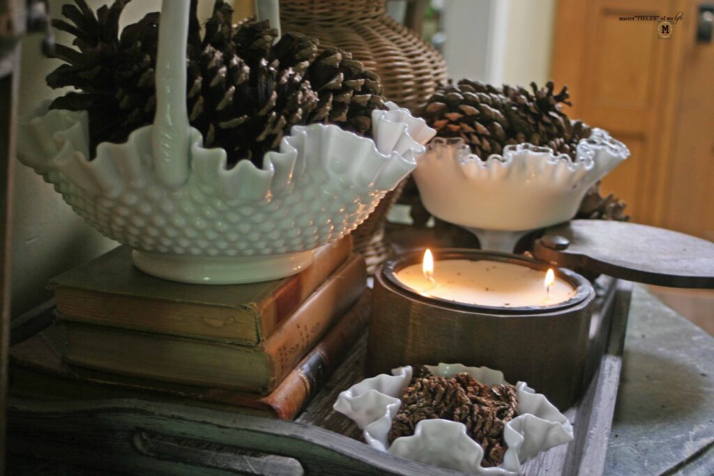 pine cone & vintage milk glass fall decor vignette