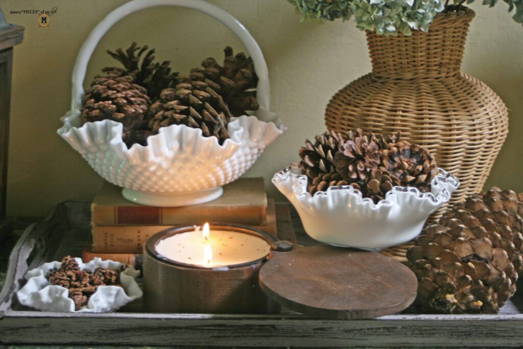 pine cone & milk glass fall decor vignette