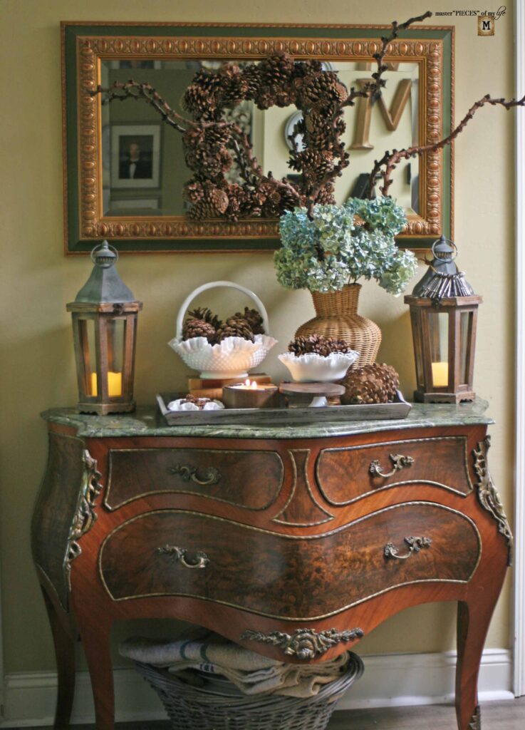 pine cone & milk glass fall decor