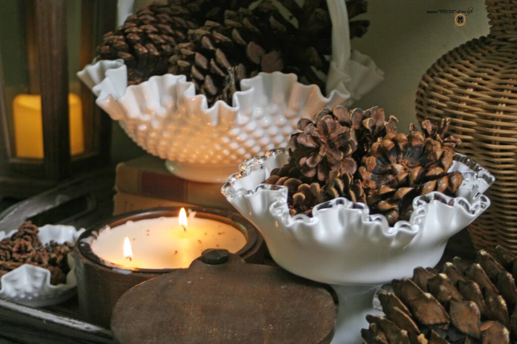 pine cone & vintage milk glass fall decor