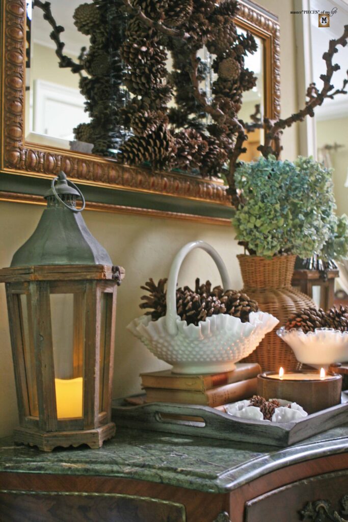 pine cone & milk glass fall decor