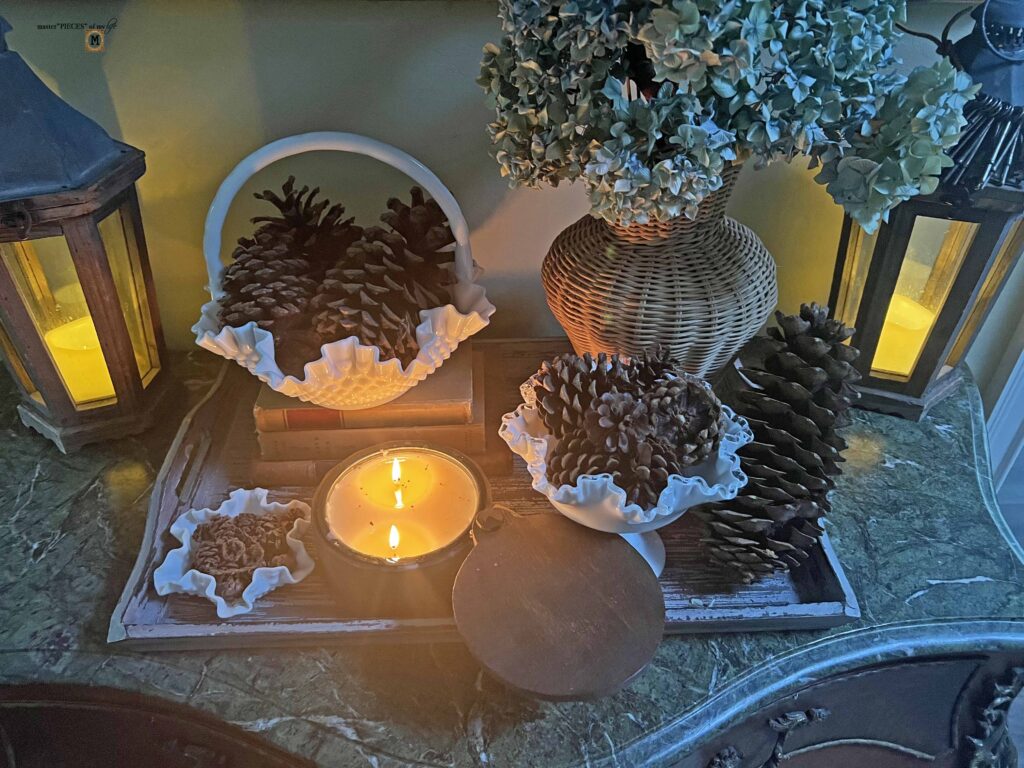 pine cone & milk glass fall decor