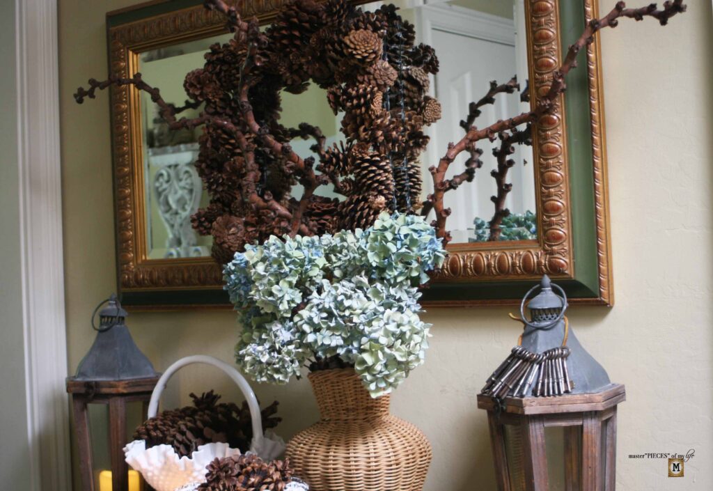 pine cone & milk glass fall decor