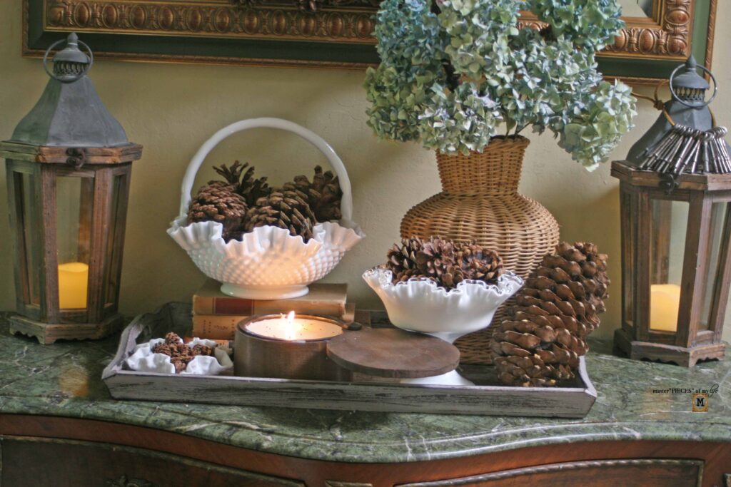 pine cone & milk glass fall decor