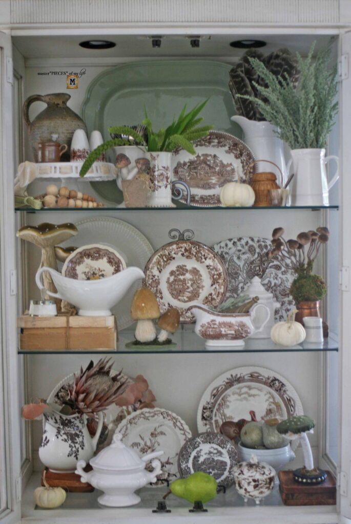 vintage brown transferware Fall decor vignette