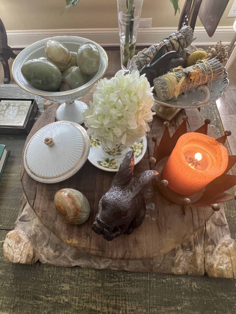 green & yellow Easter coffee table vignette