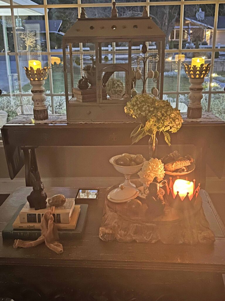 green & yellow Easter coffee table vignette