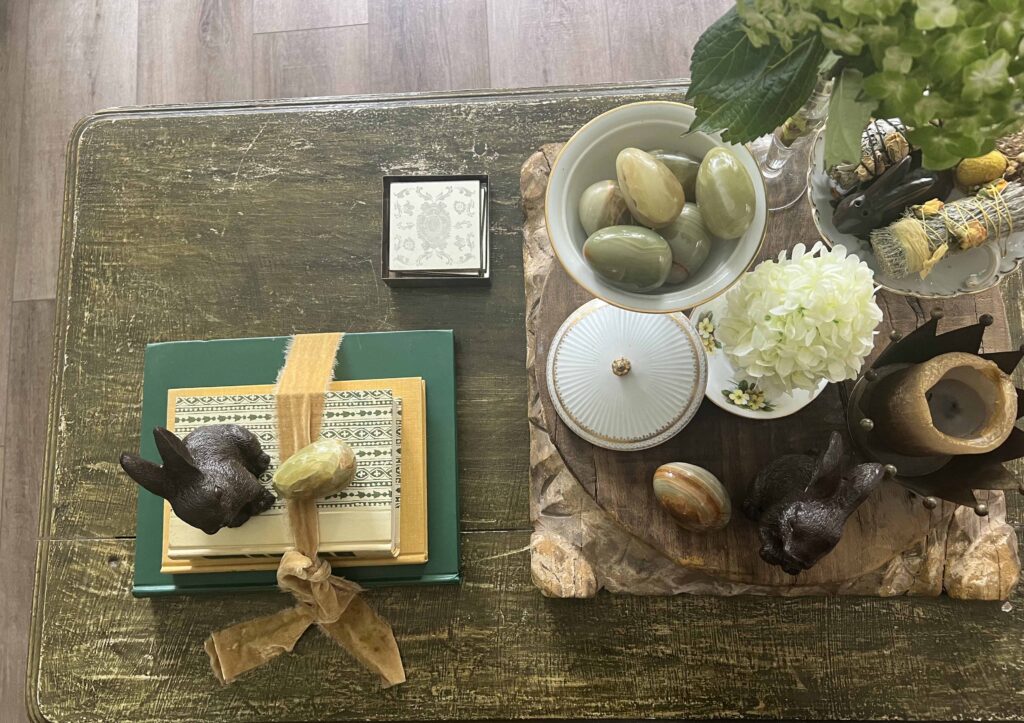 green & yellow Easter coffee table vignette