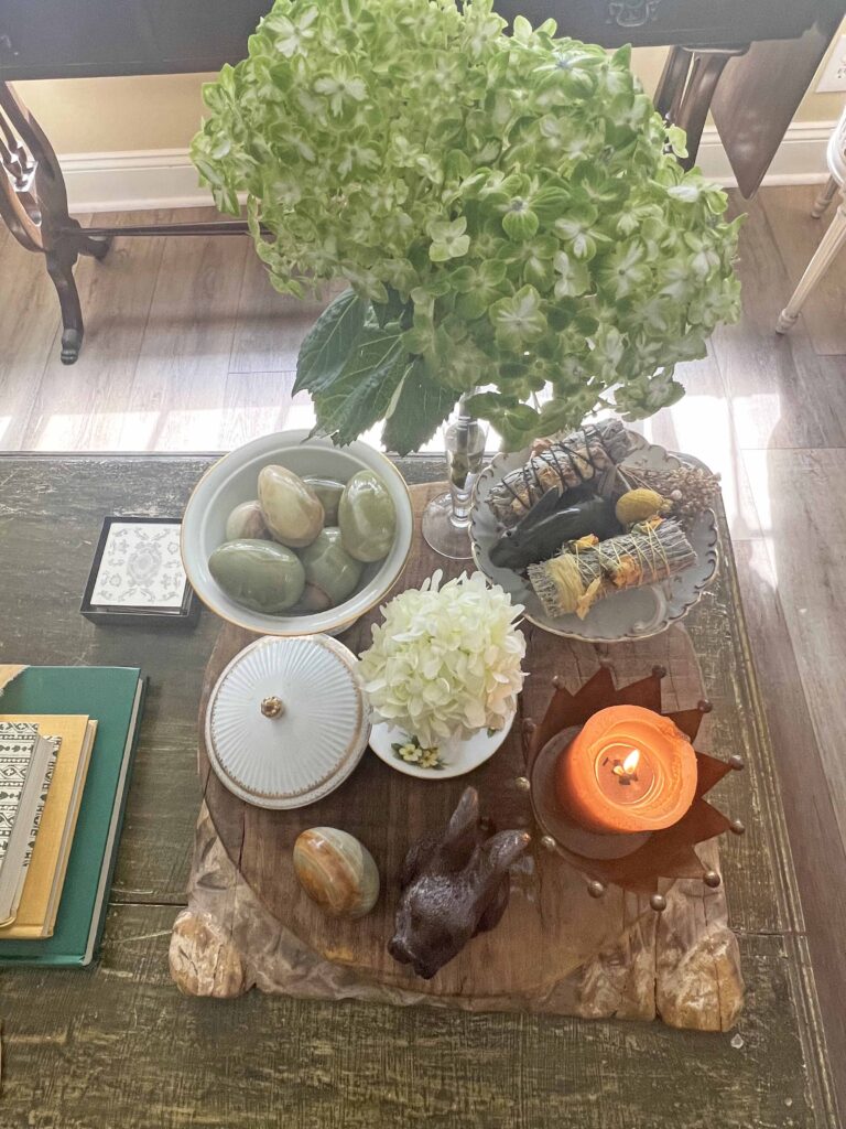 green & yellow Easter coffee table vignette