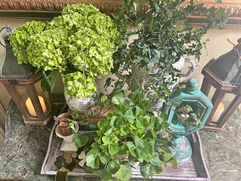Botanical St. Patrick’s Day Vignette with a Shamrock Topiary DIY