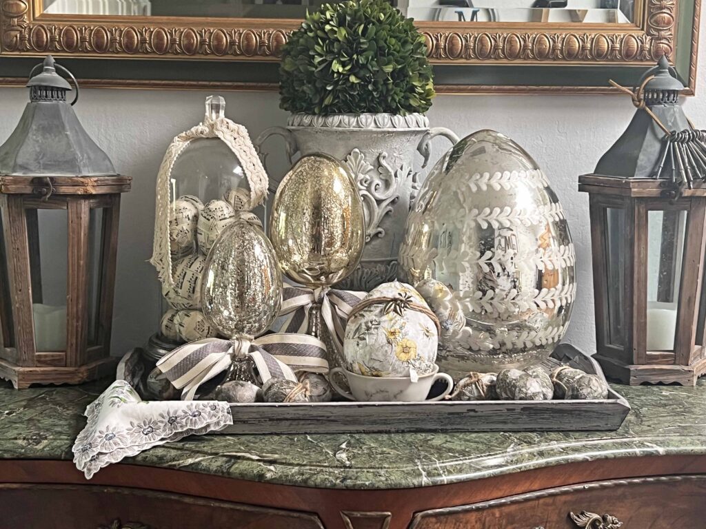 how to layer an Easter decorative vignette