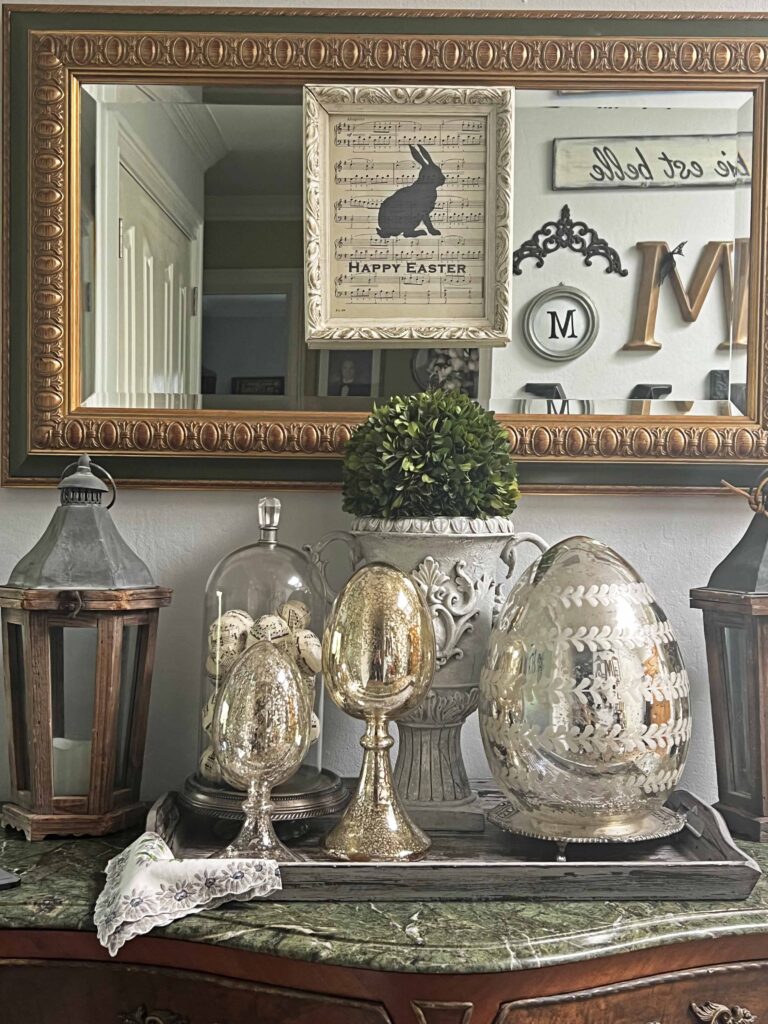 how to layer an Easter decorative vignette